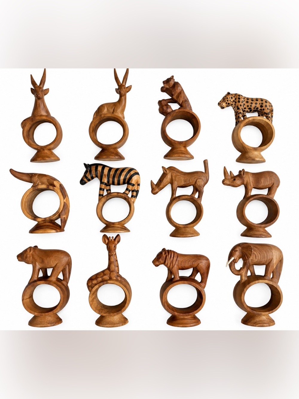 Set 12 Hand Carved Wood Safari Animal Napkin Rings Elephant Zebra Giraffe